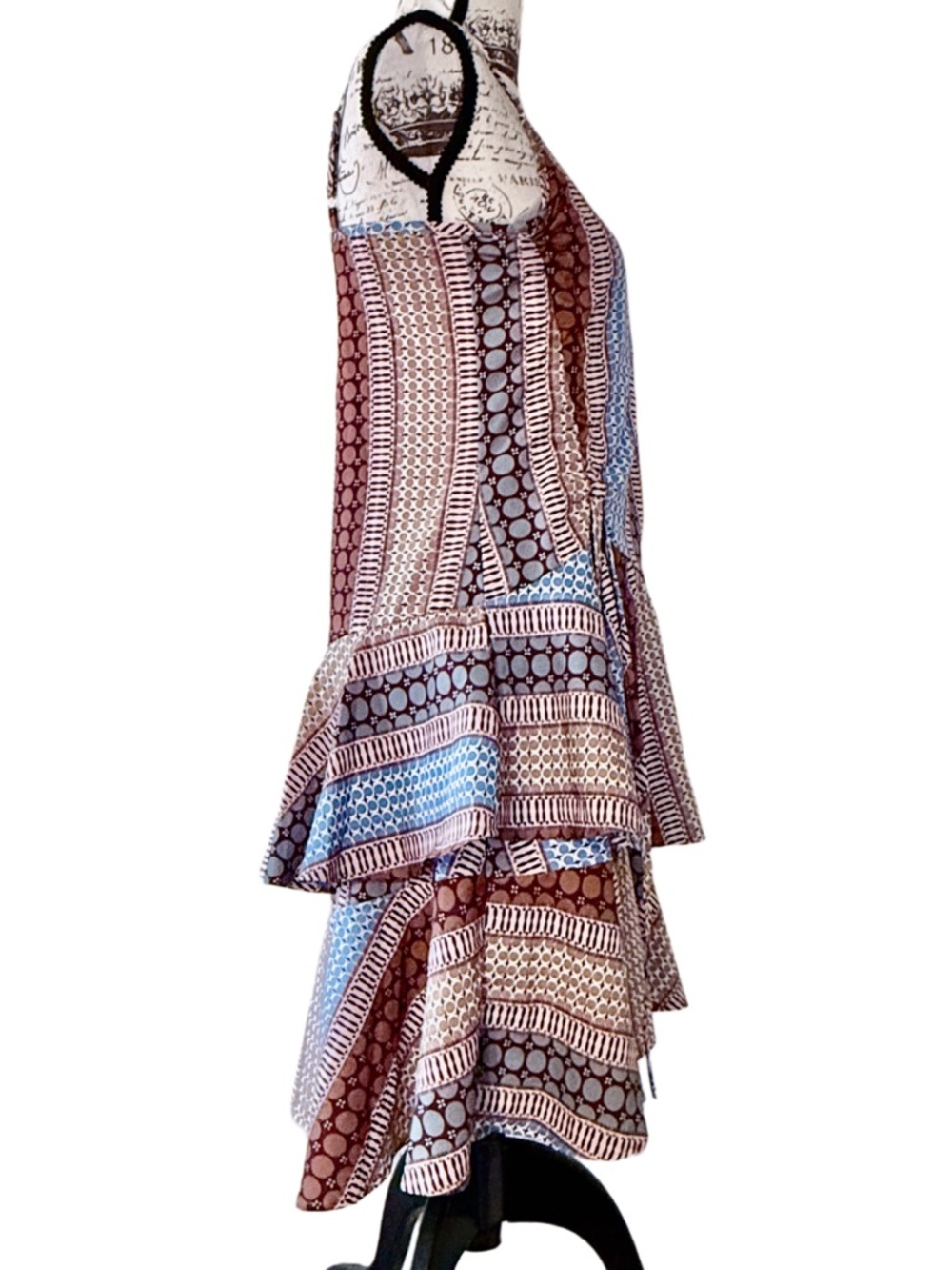 Pin Han Boho Patchwork Ruffle Mini Dress Adjustable Straps & Waist Medium New - Picture 6 of 15